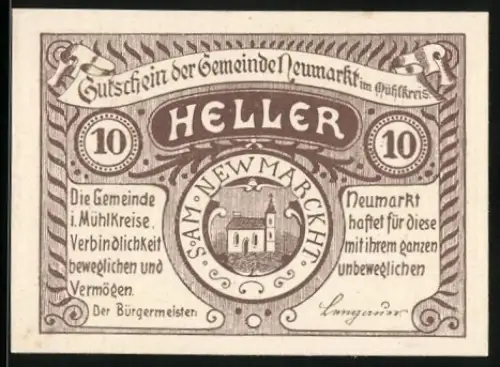 Notgeld Neumarkt 1920, 10 Heller, Kirche und Schriftzug Neumarkt im Wappen