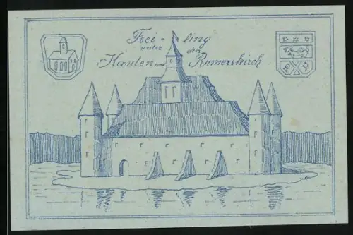 Notgeld Oftering 1920, 50 Heller, Burg auf Insel und Dorfansicht mit Kirchturm