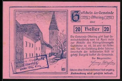 Notgeld Oftering 1920, 20 Heller, Kirche und Burg auf Wasser mit Wappen