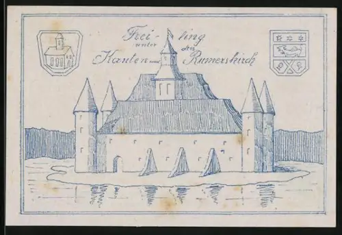 Notgeld Oftering 1920, 10 Heller, Burgansicht und Landschaft mit Kirche und Häusern