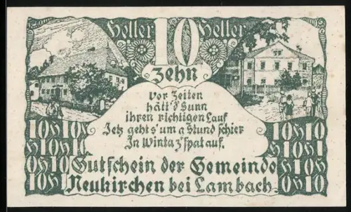 Notgeld Neukirchen bei Lambach 1920, 10 Heller, ländliche Szenen mit Hof und Gebäuden