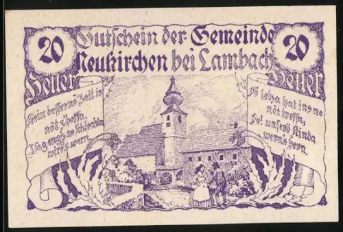 Notgeld Neukirchen bei Lambach 1920, 20 Heller, ländliche Szene mit Kirche und Personen