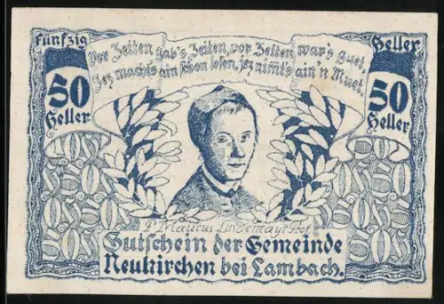 Notgeld Neukirchen bei Lambach 1920, 50 Heller, Porträt mit Lorbeerkränzen und Zitat