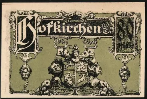 Notgeld Hofkirchen 1921, 80 Heller, Wappen und Landschaft mit Bäumen und Fluss