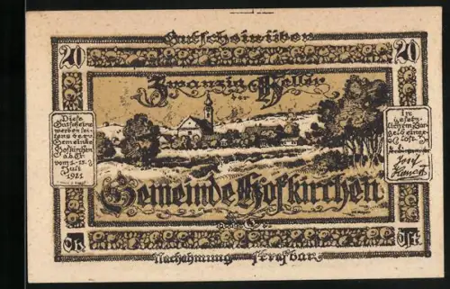 Notgeld Hofkirchen 1921, 20 Heller, Dorflandschaft und Wappenmotiv