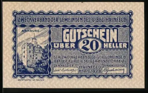 Notgeld Hainfeld 1920, 20 Heller, Arburg-Motiv mit dekorativem Rahmenmuster