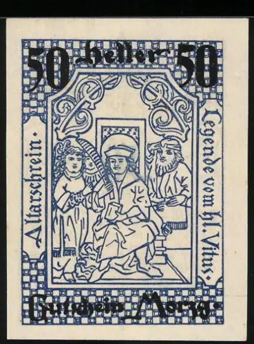 Notgeld Morzg 1920, 50 Heller, Altarbild mit St. Vitus Legende und Schloss Frohnburg