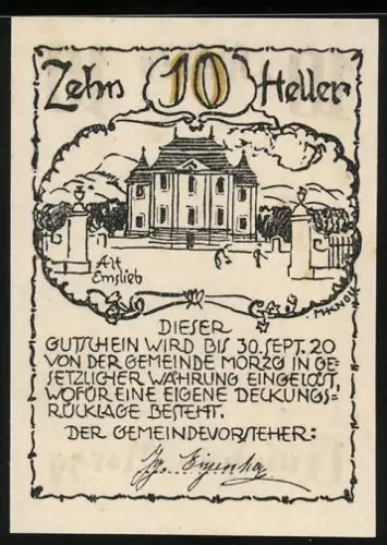 Notgeld Morzg 1920, 10 Heller, Schloss und religiöse Szene mit Altaraufbau