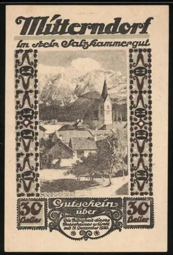 Notgeld Mitterndorf 1920, 30 Heller, Dorfansicht mit Kirche und Bergen im Hintergrund