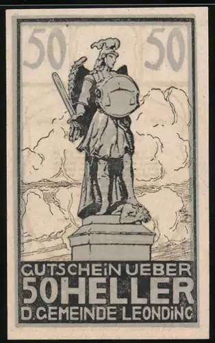 Notgeld Leonding, 50 Heller, Statue eines Ritters mit Schwert und Schild