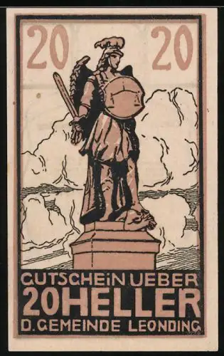Notgeld Leonding, 20 Heller, Statue eines Kriegers mit Schwert und Schild