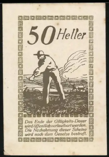 Notgeld Pischelsdorf 1920, 50 Heller, Bauer bei der Feldarbeit und Dorflandschaft
