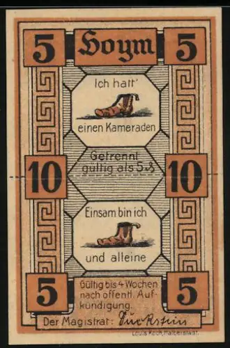 Notgeld Hoym, 10 Pfennig, teilbar in 2x 5 Pfennig, Schuhmotive und Ornamente