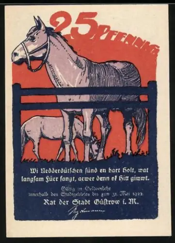 Notgeld Güstrow 1922, 25 Pfennig, Pferde hinter Zaun, historisches Gebäude mit Turm