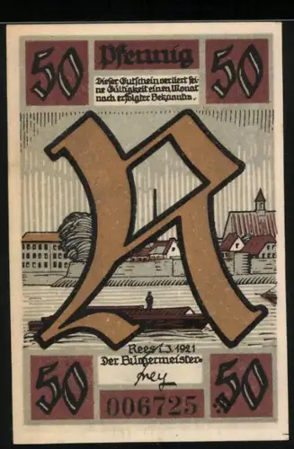 Notgeld Rees 1921, 50 Pfennig, Stadtansicht mit Wasserweg und Stadttor mit Wappen