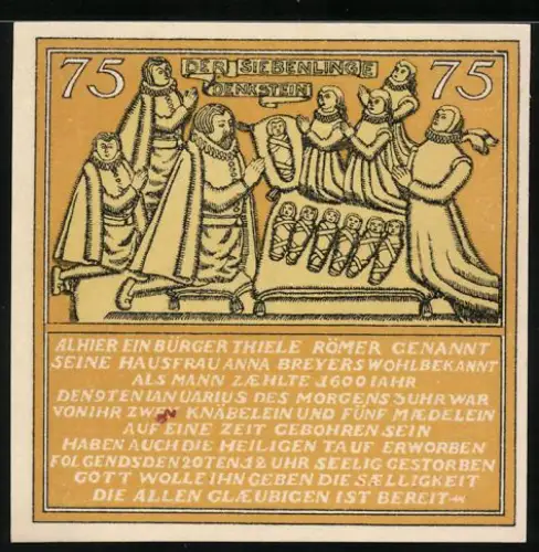 Notgeld Hameln 1921, 75 Pfennig, Darstellung der Siebenlinge mit Legende