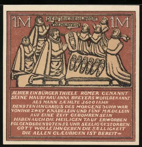 Notgeld Hameln 1921, 1 Mark, Siebenlinge-Motiv mit historischem Text