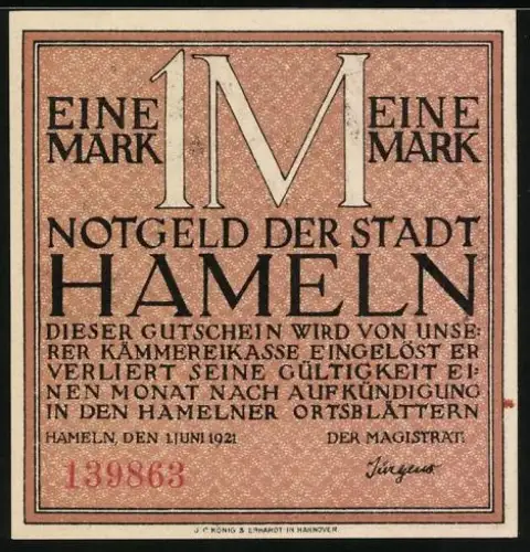 Notgeld Hameln 1921, 1 Mark, Siebenlinge-Motiv mit historischem Text