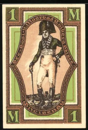 Notgeld Kolberg 1921, 1 Mark, General Gneisenau im Uniform mit Säbel und Küste im Hintergrund