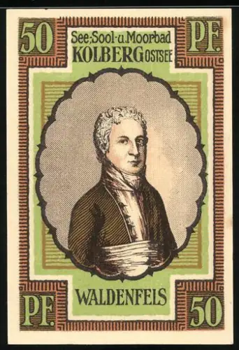 Notgeld Kolberg 1921, 50 Pfennig, Porträt von Waldenfels und dekorative Schriftzüge