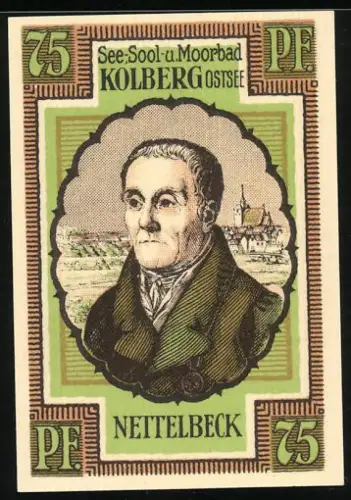 Notgeld Kolberg 1921, 75 Pfennig, Porträt von Nettelbeck und Stadtansicht im Hintergrund