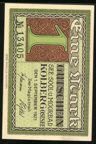 Notgeld Kolberg 1921, 1 Mark, General Gneisenau in Uniform auf grünem Hintergrund