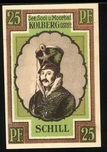 Notgeld Kolberg 1921, 25 Pf, Porträt von Freiheitskämpfer Schill, verzierte Wertzahl