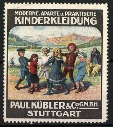 Reklamemarke Stuttgart, Paul Kübler & Co. GmbH, Moderne Kinderkleidung, spielende Kinder im Freien