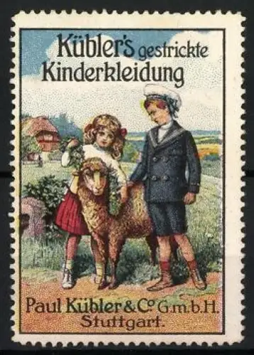 Reklamemarke Stuttgart, Kübler`s gestrickte Kinderkleidung, Kinder mit Schaf