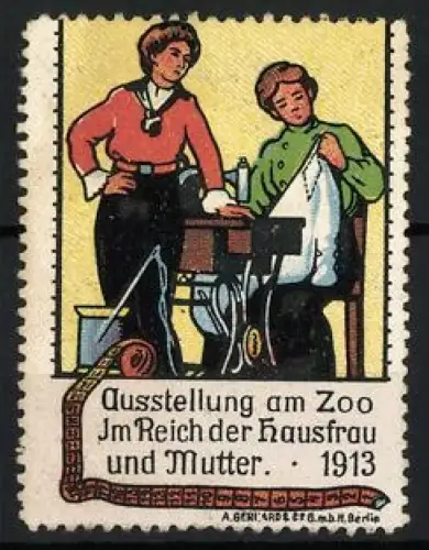 Künstler-Reklamemarke Michaelis, Berlin, Ausstellung am Zoo, Im Reich der Hausfrau und Mutter, Nähende Frauen, 1913