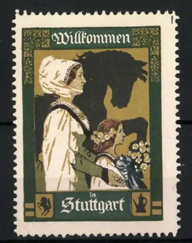 Reklamemarke Stuttgart, Willkommen in Stuttgart, Frau mit Blumen und Pferd
