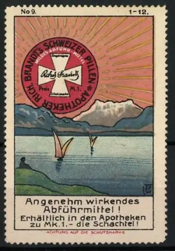 Künstler-Reklamemarke Johann Peter Werth, Dr. Brandts Schweizer Pillen, Abführmittel, Segelboote auf See