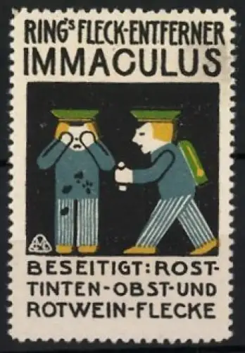 Reklamemarke Ring`s Fleck-Entferner Immaculus, Zwei Figuren mit Fleckenentferner