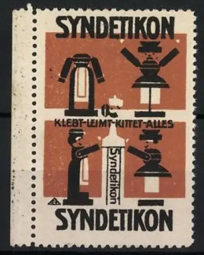 Reklamemarke Syndetikon, Klebt-Leimt-Kittet-Alles, Figuren mit Leimflasche