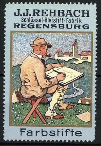 Reklamemarke Regensburg, J.J. Rehbach Farbstifte, Künstler beim Zeichnen