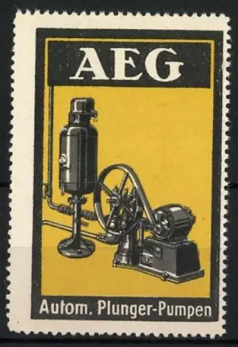 Reklamemarke AEG, Autom. Plunger-Pumpen, Maschinenillustration