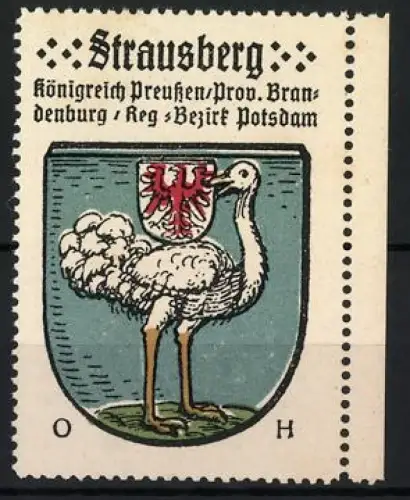 Reklamemarke Strausberg, Königreich Preussen /Prov. Brandenburg, Strauss mit Wappen, Kaffee-HAG Serie