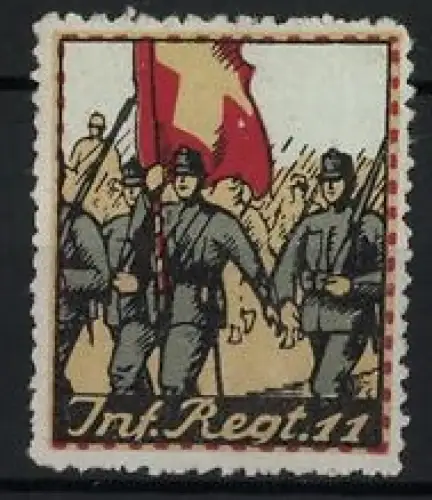 Reklamemarke Schweiz, Inf. Regt. 11, Soldaten mit Fahne, Marschierende Soldaten