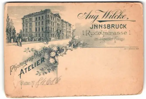 Fotografie Aug. Wilcke, Innsbruck, Ansicht Innsbruck, Blick auf das Atelierhaus nebst Anschrift, Rückseite Brautpaar