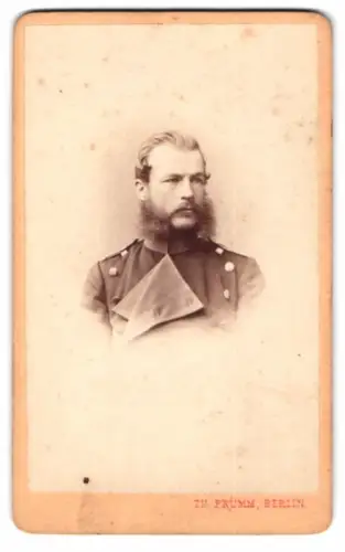 Fotografie Th. Prümm, Berlin, Soldat in Uniform mit Backenbart
