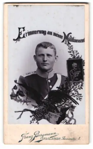 Fotografie Franz Bergmann, Ingolstadt, Soldat in Uniform Rgt. 3 nebst Portrait Ludwig III.