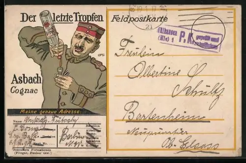 AK Soldat giesst sich den letzten Tropfen Asbach Cognac ein