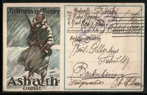 Künstler-AK Soldat steht in einem Schneesturm, Reklame Asbach Cognac