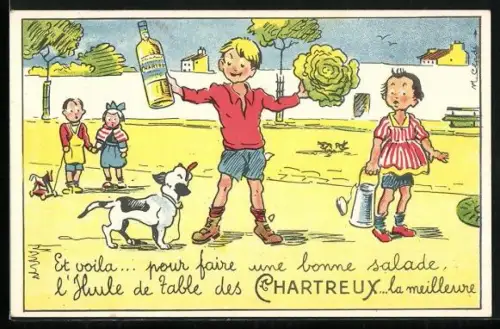 Künstler-AK Junge mit einem Kohlkopf und einer Flasche Chartreux