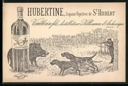 Künstler-AK Reklame Hubertine, Liqueur Digestive de St. Hubert, Jäger zielt auf ein Wildschwein im Wald