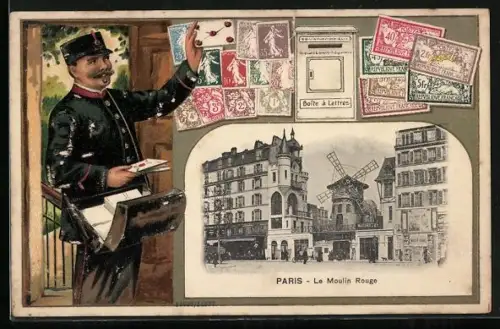 AK Paris, Briefmarken, Postbote mit Brief an einem Briefkasten, La Moulin Rouge