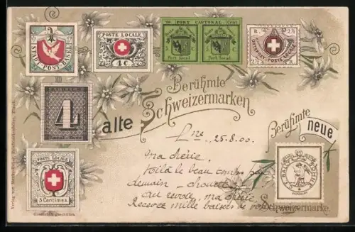 Lithographie Berühmte alte Schweizermarken mit Edelweiss