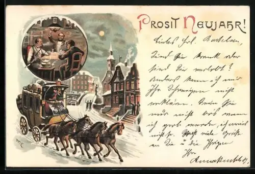 Künstler-Lithographie Neujahr!, Postkutsche und Kartenspieler
