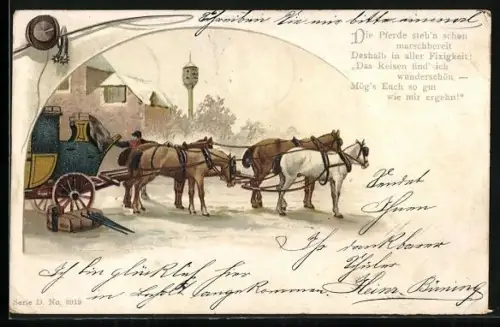 Lithographie Postkutsche mit vier Pferden