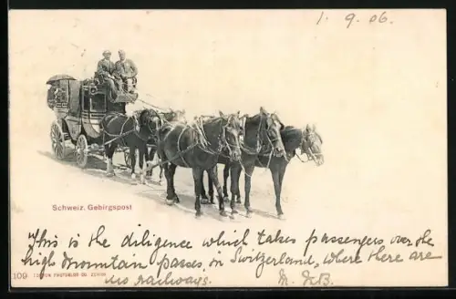 AK Zwei Männer auf einer Postkutsche, die von fünf Pferden gezogen wird